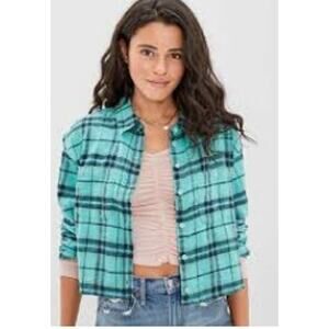 American Eagle Cropped Oversized Plaid Flannel Shirt Teal Women's Sz Small